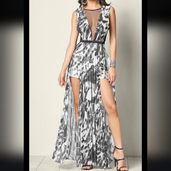 Venus Mesh Pleated Maxi Dress Romper - Picture 1 of 10